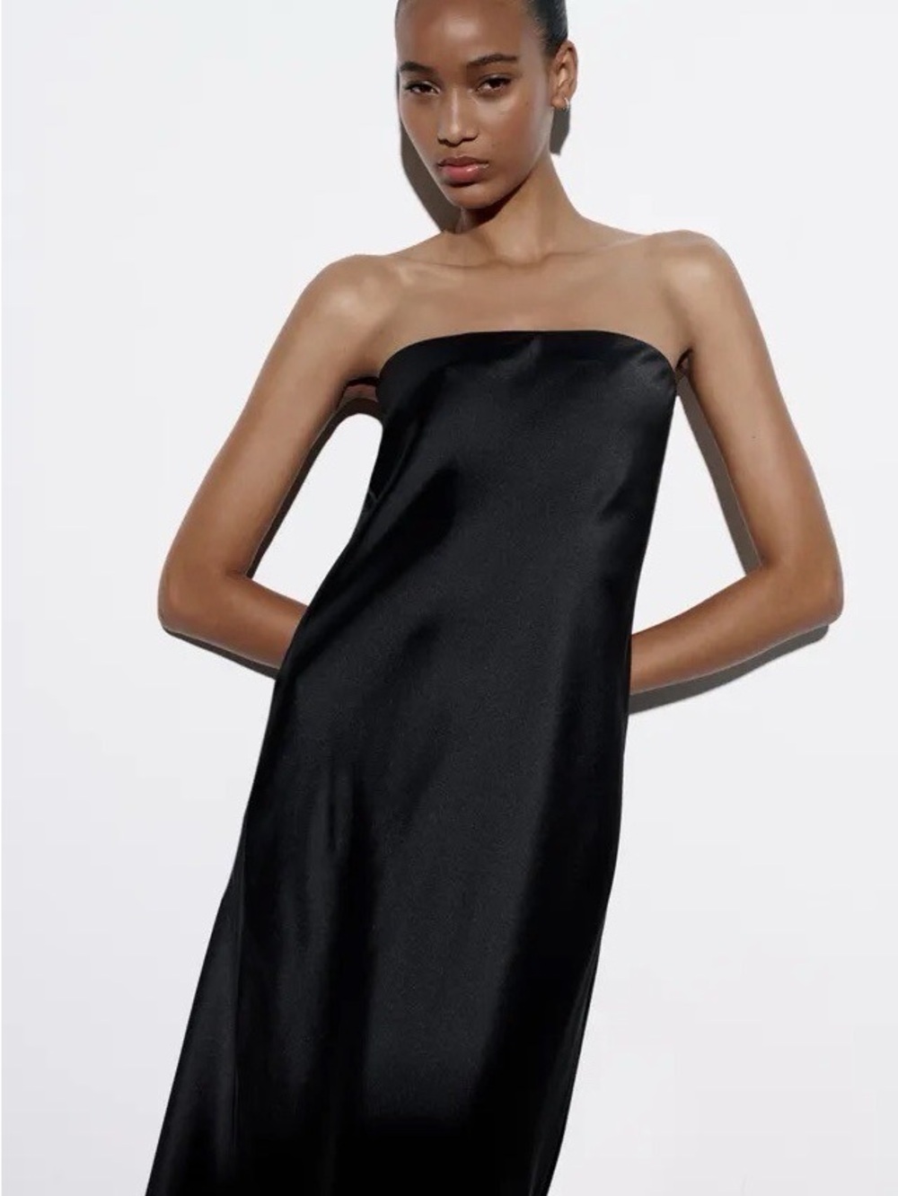 Zara satin effect strapless black midi cocktail dress
